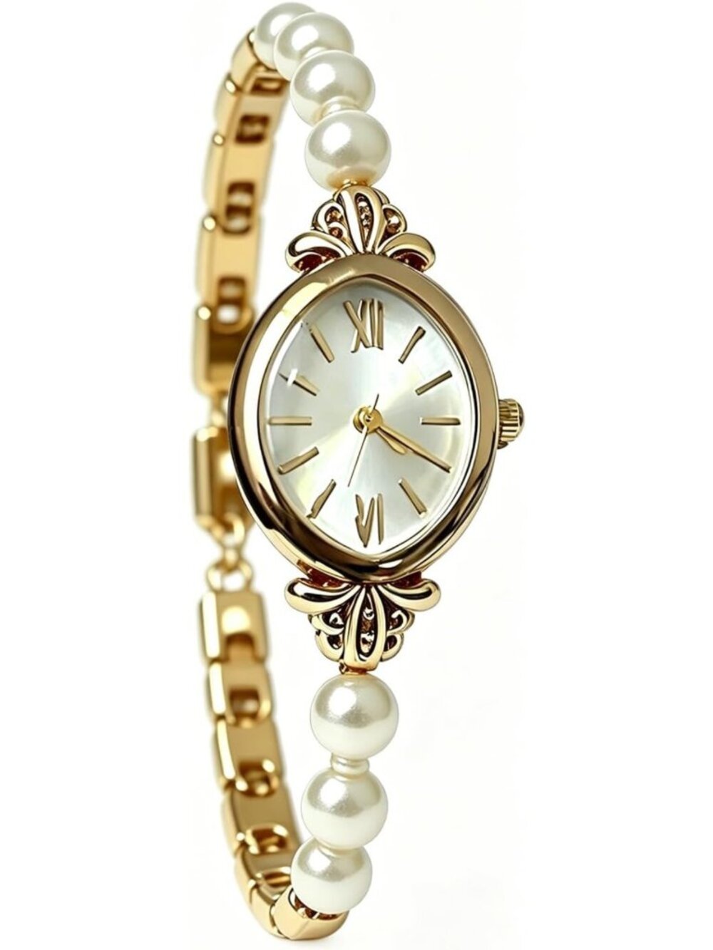 Vintage Oval Pearl Bracelet Watch with Roman Numerals - Elegant Quartz Timepiece